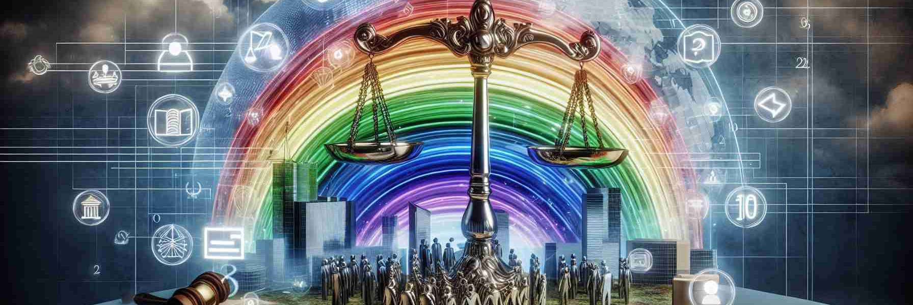 A high-definition, visual representation of the impact of innovative policies on LGBTQ+ rights. The image could include symbolic elements such as scales to represent justice, a rainbow to represent LGBTQ+ community, and various landmark documents or laws that highlight the progress in LGBTQ+ rights. The backdrop could be a diverse, modern landscape to represent today's society.