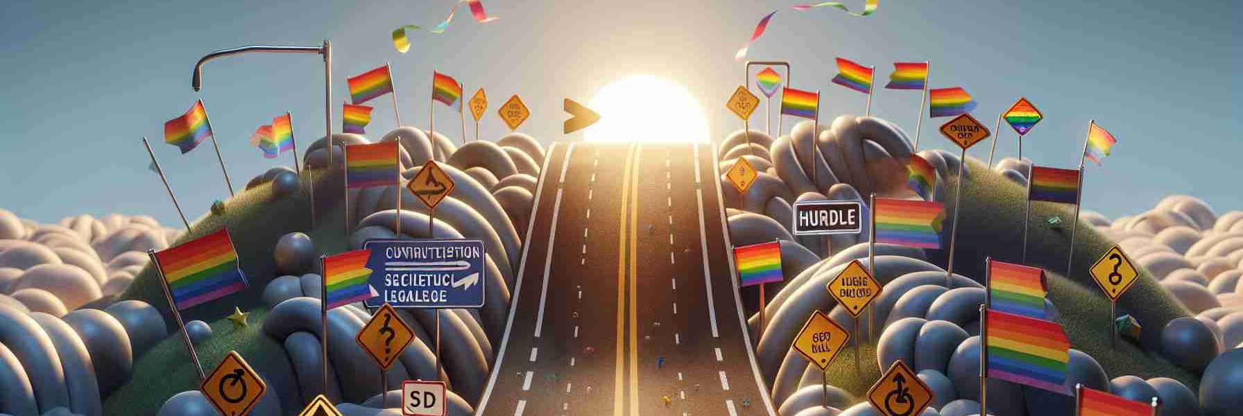 Realistic high definition image showcasing the concept of future challenges for LGBTQ+ rights. The illustration features a winding road symbolizing the path forward with signposts denoting hurdles such as societal acceptance and legal issues. Scattered along the path are rainbow-colored pennants, reflecting the spirit and resilience of the LGBTQ+ community. A rising sun in the background alludes to hope and progress.