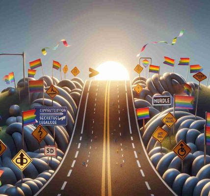 Realistic high definition image showcasing the concept of future challenges for LGBTQ+ rights. The illustration features a winding road symbolizing the path forward with signposts denoting hurdles such as societal acceptance and legal issues. Scattered along the path are rainbow-colored pennants, reflecting the spirit and resilience of the LGBTQ+ community. A rising sun in the background alludes to hope and progress.