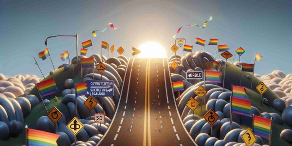 Realistic high definition image showcasing the concept of future challenges for LGBTQ+ rights. The illustration features a winding road symbolizing the path forward with signposts denoting hurdles such as societal acceptance and legal issues. Scattered along the path are rainbow-colored pennants, reflecting the spirit and resilience of the LGBTQ+ community. A rising sun in the background alludes to hope and progress.