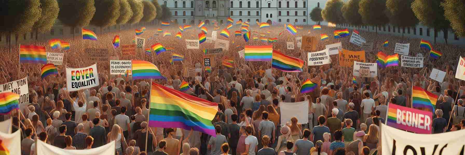 A high definition, realistic image that captures the advocacy for LGBTQ+ rights in Eastern Europe. Show a scene of a peaceful protest with diverse individuals. Include a large crowd carrying rainbow flags and banners with clear, nondiscriminatory messages endorsing equality, love and acceptance. Also depict noticeable Eastern European architecture in the background as context. The crowd should be diverse, considering age, gender and descent, including Caucasian and East European individuals.