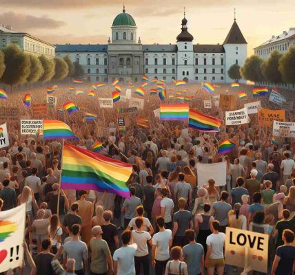 A high definition, realistic image that captures the advocacy for LGBTQ+ rights in Eastern Europe. Show a scene of a peaceful protest with diverse individuals. Include a large crowd carrying rainbow flags and banners with clear, nondiscriminatory messages endorsing equality, love and acceptance. Also depict noticeable Eastern European architecture in the background as context. The crowd should be diverse, considering age, gender and descent, including Caucasian and East European individuals.