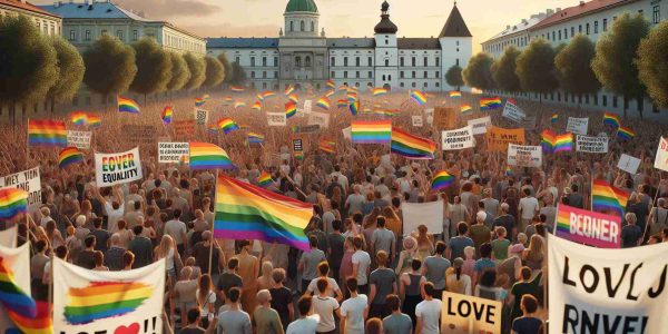 A high definition, realistic image that captures the advocacy for LGBTQ+ rights in Eastern Europe. Show a scene of a peaceful protest with diverse individuals. Include a large crowd carrying rainbow flags and banners with clear, nondiscriminatory messages endorsing equality, love and acceptance. Also depict noticeable Eastern European architecture in the background as context. The crowd should be diverse, considering age, gender and descent, including Caucasian and East European individuals.