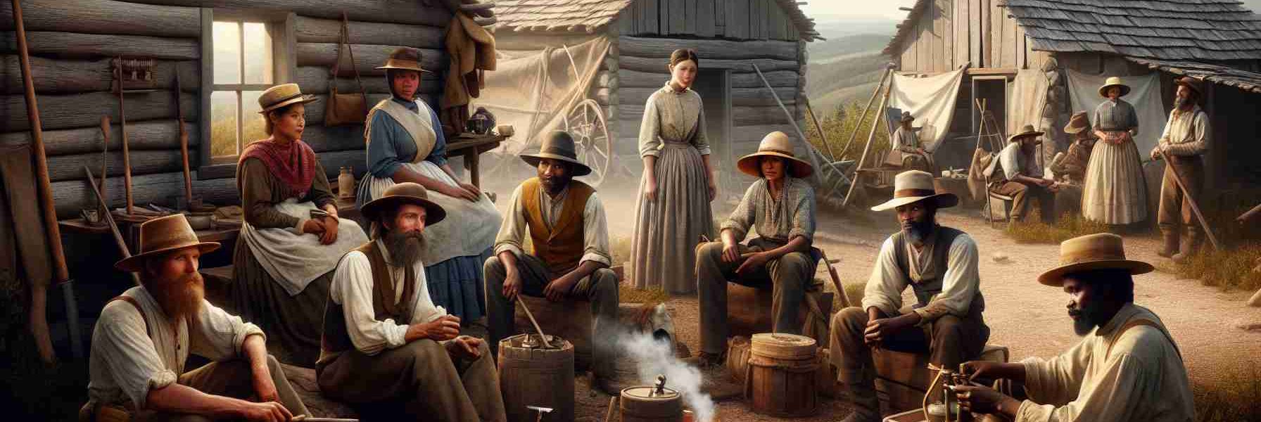 Create a highly detailed and realistic image capturing the essence of unexplored history. This image should feature everyday scenes from the lives of forgotten pioneers. Depict the pioneers across diverse descents such as Middle-Eastern, Hispanic, South Asian, and Black, both men and women. Their fashion, work tools, shelters should reflect their time period and geographical location. The environment around them should invoke a sense of rugged wilderness, reflecting their pioneering spirit. Please ensure that the detail level in the image is high, similar to a high-definition photograph.