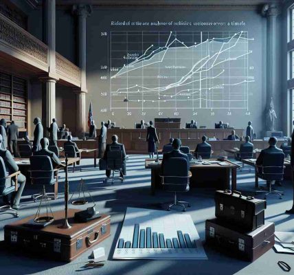 Render a scene with realistic HD graphics depicting a series of courtroom scenes, expressive of various legal trials in progress, each tied to a school district in the state of New Jersey, United States. In the foreground, an array of histograms and trend charts exhibiting the rise in the number of lawsuits over a timeline could be included to further encapsulate the gravity and scale of the legal disputes. Settings, attire, briefcases, and other tangible items should clearly indicate the educational sector and formal courtroom ambiance.