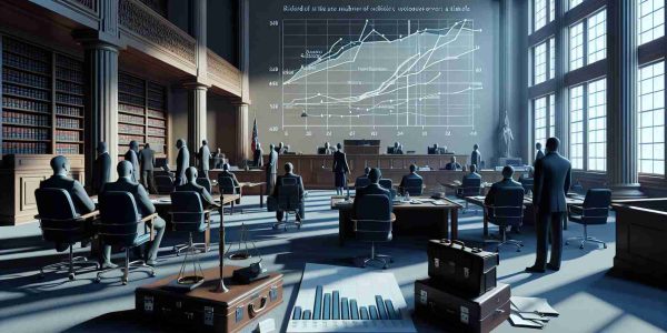 Render a scene with realistic HD graphics depicting a series of courtroom scenes, expressive of various legal trials in progress, each tied to a school district in the state of New Jersey, United States. In the foreground, an array of histograms and trend charts exhibiting the rise in the number of lawsuits over a timeline could be included to further encapsulate the gravity and scale of the legal disputes. Settings, attire, briefcases, and other tangible items should clearly indicate the educational sector and formal courtroom ambiance.