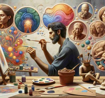 A highly detailed, high-resolution image portraying the impact of art on mental health. Show an individual of Middle-Eastern descent in the act of painting, with visible emotions on their face emphasizing tranquility and calmness. Nearby, present a second person of Hispanic descent deeply engaged in sculpting, expressing focus and calm. Include a well-lit room setting with art tools scattered around, an easel with a colorful painting, clay sculptures, and sketches laid out. Also show concept bubbles above their heads, containing bright, harmonious colors for the painter, and smooth, flowing shapes for the sculptor, symbolising their improved mental states.