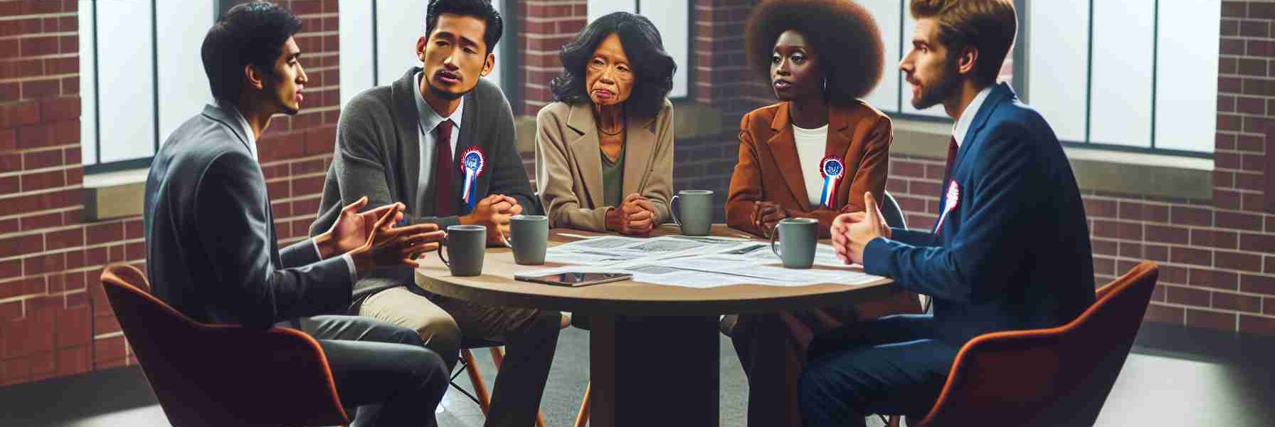 High-quality, realistic image of a passionate discussion happening on Election Day. A South Asian male, an African woman, a Hispanic woman, and a Caucasian man are seen engaged in an earnest conversation about state propositions. They are in a television studio, seated around a circular table cluttered with papers and coffee mugs, with various banners declaring 'Election Day' in the background.