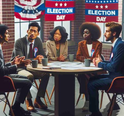 High-quality, realistic image of a passionate discussion happening on Election Day. A South Asian male, an African woman, a Hispanic woman, and a Caucasian man are seen engaged in an earnest conversation about state propositions. They are in a television studio, seated around a circular table cluttered with papers and coffee mugs, with various banners declaring 'Election Day' in the background.