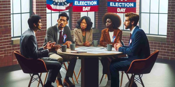 High-quality, realistic image of a passionate discussion happening on Election Day. A South Asian male, an African woman, a Hispanic woman, and a Caucasian man are seen engaged in an earnest conversation about state propositions. They are in a television studio, seated around a circular table cluttered with papers and coffee mugs, with various banners declaring 'Election Day' in the background.