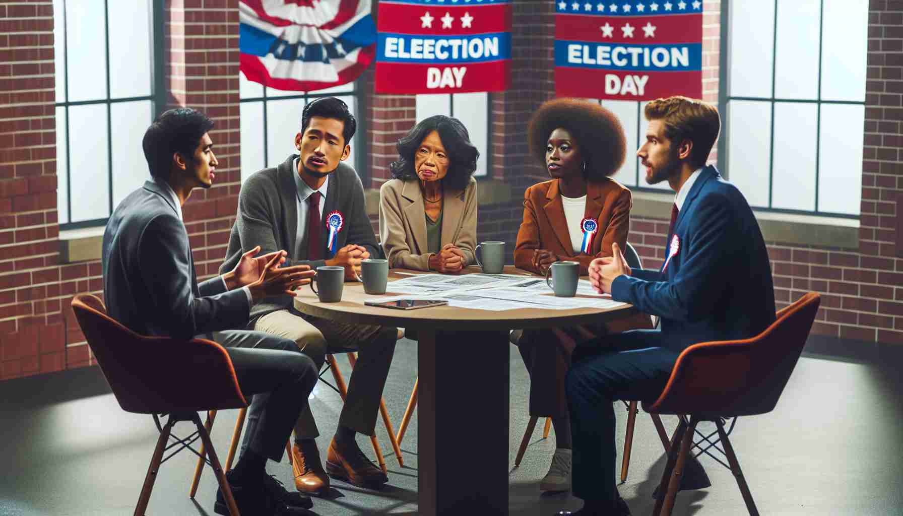 High-quality, realistic image of a passionate discussion happening on Election Day. A South Asian male, an African woman, a Hispanic woman, and a Caucasian man are seen engaged in an earnest conversation about state propositions. They are in a television studio, seated around a circular table cluttered with papers and coffee mugs, with various banners declaring 'Election Day' in the background.