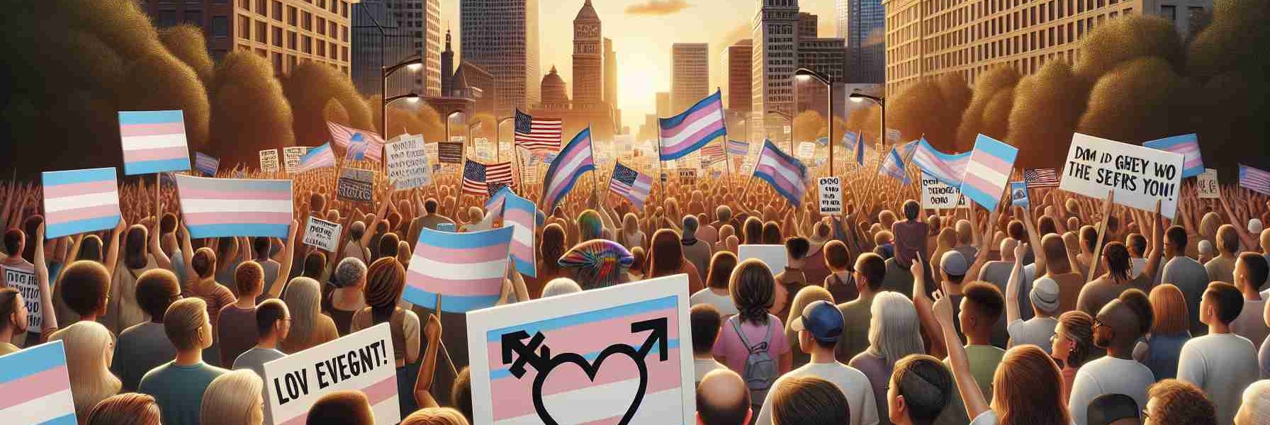 A detailed and realistic, high-definition image depicting a diverse gathering of people of various races, ages, and genders to portray a peaceful demonstration in support of the transgender community. Picture signs conveying messages of love, equality, and acceptance. The background is a U.S. cityscape during a warm sunset, adding a hopeful and calm vibe to the whole scene.