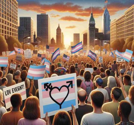 A detailed and realistic, high-definition image depicting a diverse gathering of people of various races, ages, and genders to portray a peaceful demonstration in support of the transgender community. Picture signs conveying messages of love, equality, and acceptance. The background is a U.S. cityscape during a warm sunset, adding a hopeful and calm vibe to the whole scene.