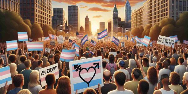 A detailed and realistic, high-definition image depicting a diverse gathering of people of various races, ages, and genders to portray a peaceful demonstration in support of the transgender community. Picture signs conveying messages of love, equality, and acceptance. The background is a U.S. cityscape during a warm sunset, adding a hopeful and calm vibe to the whole scene.