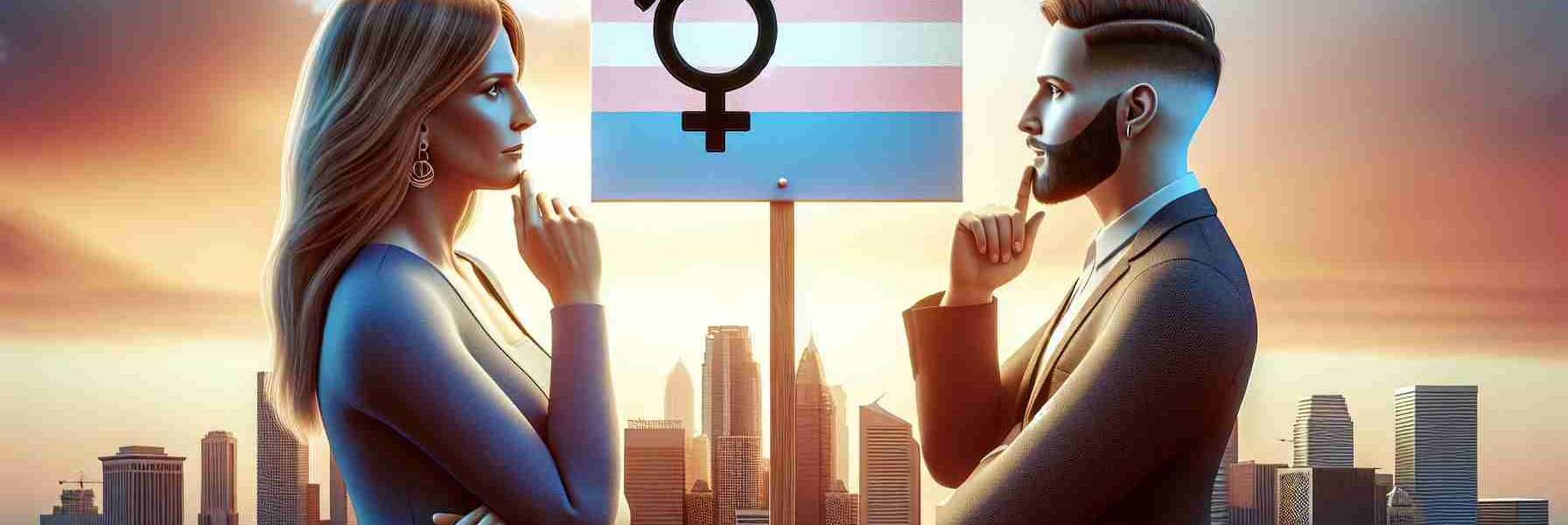 High resolution realistic image of a symbolic representation of support for transgender rights. Depict two people engaging in a thoughtful conversation indicating a timeless debate. One person is a Caucasian cisgender woman, and the other is a Middle-Eastern transgender man. Both are holding signs that convey messages of equality and acceptance, set against the backdrop of a cityscape during the sunset.