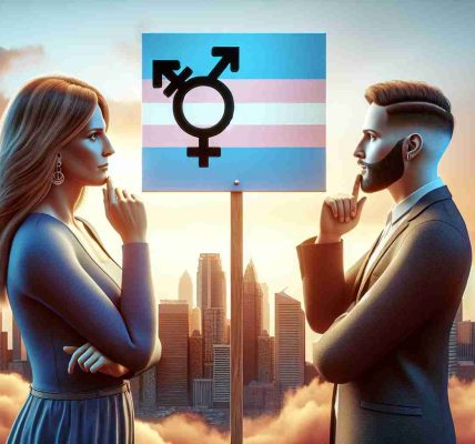 High resolution realistic image of a symbolic representation of support for transgender rights. Depict two people engaging in a thoughtful conversation indicating a timeless debate. One person is a Caucasian cisgender woman, and the other is a Middle-Eastern transgender man. Both are holding signs that convey messages of equality and acceptance, set against the backdrop of a cityscape during the sunset.