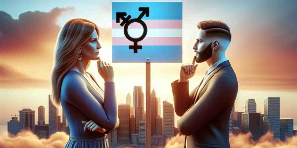 High resolution realistic image of a symbolic representation of support for transgender rights. Depict two people engaging in a thoughtful conversation indicating a timeless debate. One person is a Caucasian cisgender woman, and the other is a Middle-Eastern transgender man. Both are holding signs that convey messages of equality and acceptance, set against the backdrop of a cityscape during the sunset.