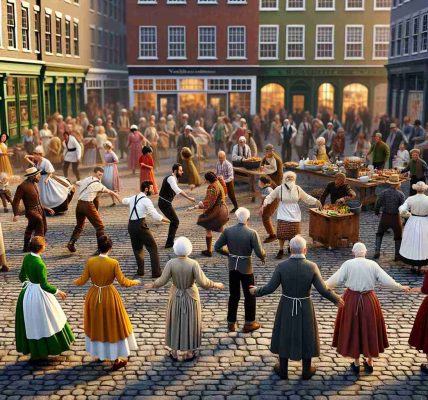 A hyper-realistic, high-definition image showcasing a historic shift in local tradition. This scene captures the moment a community embraces a new way of living while still holding onto their cultural heritage. The setting could be a town square, with people of various descents (Caucasian, Hispanic, Black, Middle-Eastern, South Asian, East Asian) coming together to partake in new yet cultural activities. Some could be trying on traditional garbs, others cooking foods that blend old and new recipes, and kids learning dances that infuse modern moves with traditional steps. The atmosphere is vibrant, symbolizing change and acceptance.