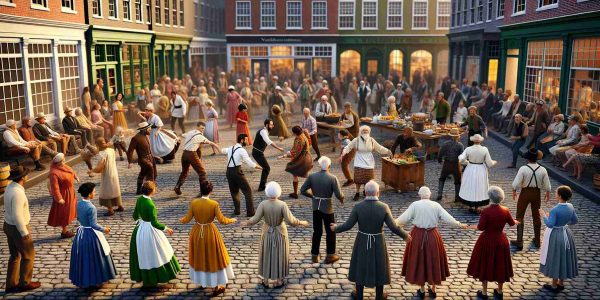 A hyper-realistic, high-definition image showcasing a historic shift in local tradition. This scene captures the moment a community embraces a new way of living while still holding onto their cultural heritage. The setting could be a town square, with people of various descents (Caucasian, Hispanic, Black, Middle-Eastern, South Asian, East Asian) coming together to partake in new yet cultural activities. Some could be trying on traditional garbs, others cooking foods that blend old and new recipes, and kids learning dances that infuse modern moves with traditional steps. The atmosphere is vibrant, symbolizing change and acceptance.