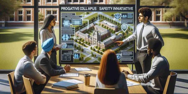 High-resolution image of a proactive college campus safety initiative proposal. The scene includes diverse college students, professors and staff members - a Caucasian male student pointing to a poster board displaying a detailed, layered safety plan with clear highlights on new measures and improved procedures. A South Asian female professor is attentively taking notes. A Middle-Eastern and a Black staff members, both males, are examining a 3D campus map showing the strategic placement of new security installations. The environment is in an open-air meeting area within the college campus, full of greenery and academic buildings.