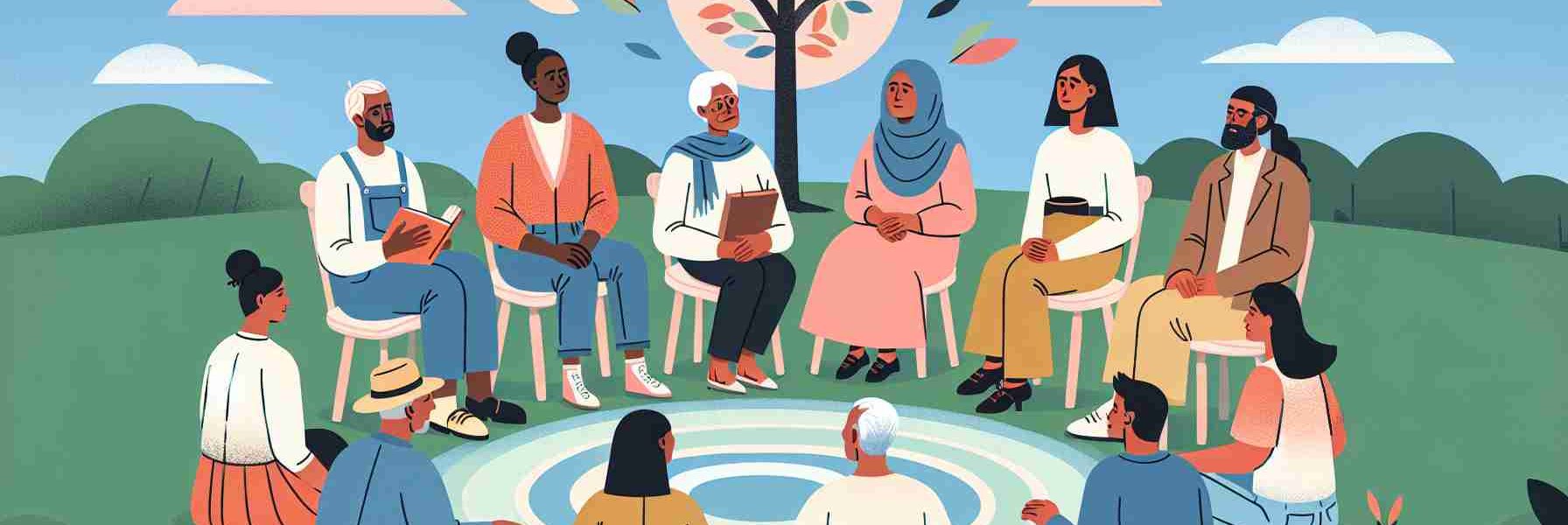 An image depicting the exploration of gender identity and advocacy across generations. Visualise a diverse gathering of people from different generations. Include an elder South Asian female sharing wisdom with a young African American non-binary individual they're seated next to. Adjacent to them, a middle-aged Hispanic male is deep in conversation with a young Middle-Eastern female. Illustrate solidarity, diversity, understanding and multi-generational interaction. Setting could be a serene park, with people seated around a circular arrangement, perhaps a blooming tree at the center symbolizing continuous growth and understanding, under a clear blue sky.