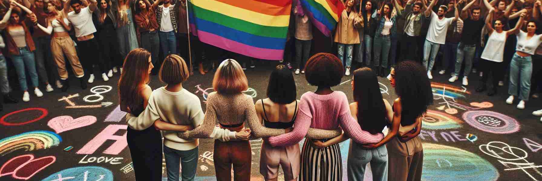 A high-definition image capturing a moment of empowerment in the LGBTQ+ community. Picturing a diverse mix of people standing united, holding hands, or embracing one another in solidarity. The scene includes a Black transgender woman, a Hispanic gay man, a Middle-Eastern bisexual woman, and a Caucasian lesbian woman. There's a vast array of rainbow flags symbolizing pride and acceptance hovering over the crowd, and colourful chalk messages of resilience and love cover the ground.