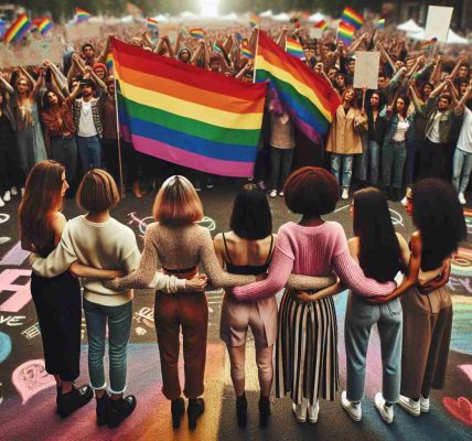 A high-definition image capturing a moment of empowerment in the LGBTQ+ community. Picturing a diverse mix of people standing united, holding hands, or embracing one another in solidarity. The scene includes a Black transgender woman, a Hispanic gay man, a Middle-Eastern bisexual woman, and a Caucasian lesbian woman. There's a vast array of rainbow flags symbolizing pride and acceptance hovering over the crowd, and colourful chalk messages of resilience and love cover the ground.