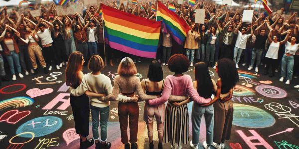 A high-definition image capturing a moment of empowerment in the LGBTQ+ community. Picturing a diverse mix of people standing united, holding hands, or embracing one another in solidarity. The scene includes a Black transgender woman, a Hispanic gay man, a Middle-Eastern bisexual woman, and a Caucasian lesbian woman. There's a vast array of rainbow flags symbolizing pride and acceptance hovering over the crowd, and colourful chalk messages of resilience and love cover the ground.