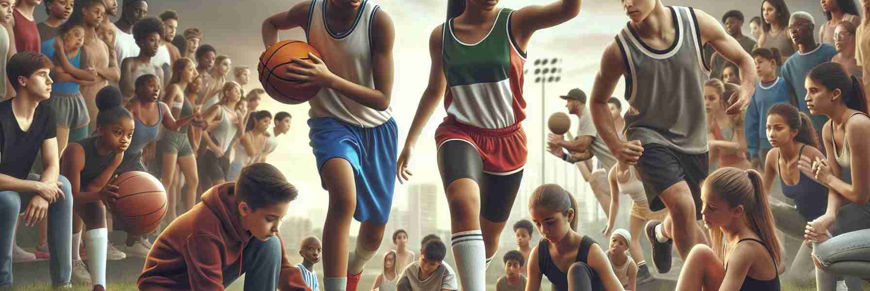 A realistic HD image portraying the empowerment of the next generation through inclusive athletics. It features a diverse field of young athletes of various DESCENTS and GENDERS participating in different sports activities. Picture a Caucasian boy passing a basketball to his Black female teammate, a Hispanic girl learning to swing a baseball bat from her Middle-Eastern male coach, and a South Asian girl lacing up her running shoes prior to a race. Their fierce determination is evident in their expressions. Onlookers, also of different descents and genders, cheer them on progressively.