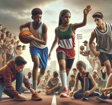 A realistic HD image portraying the empowerment of the next generation through inclusive athletics. It features a diverse field of young athletes of various DESCENTS and GENDERS participating in different sports activities. Picture a Caucasian boy passing a basketball to his Black female teammate, a Hispanic girl learning to swing a baseball bat from her Middle-Eastern male coach, and a South Asian girl lacing up her running shoes prior to a race. Their fierce determination is evident in their expressions. Onlookers, also of different descents and genders, cheer them on progressively.