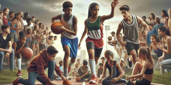 A realistic HD image portraying the empowerment of the next generation through inclusive athletics. It features a diverse field of young athletes of various DESCENTS and GENDERS participating in different sports activities. Picture a Caucasian boy passing a basketball to his Black female teammate, a Hispanic girl learning to swing a baseball bat from her Middle-Eastern male coach, and a South Asian girl lacing up her running shoes prior to a race. Their fierce determination is evident in their expressions. Onlookers, also of different descents and genders, cheer them on progressively.