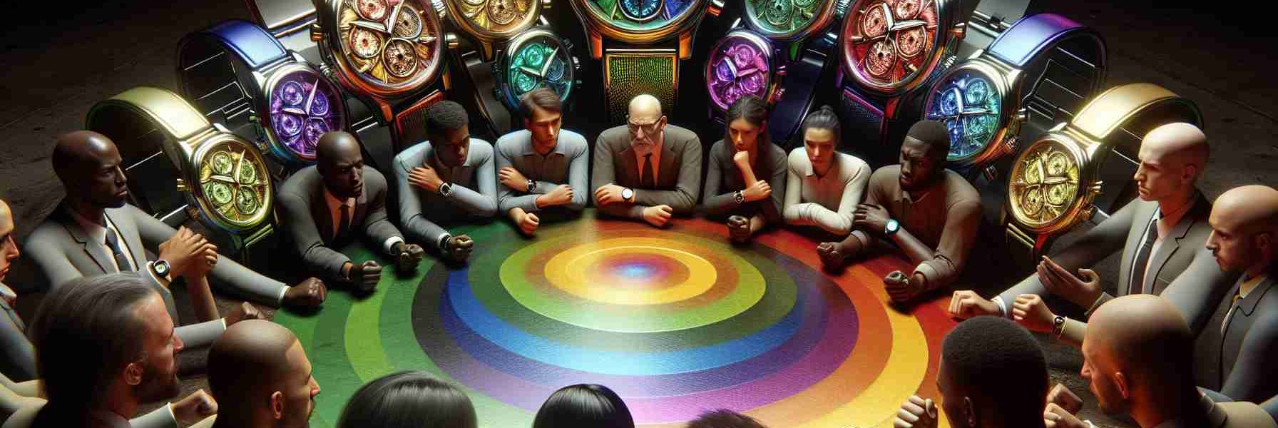 A high-definition, realistic image showcasing a collection of wristwatches adorned with various hues of the rainbow. Each watch casts a radiating glow of different colors. Around these watches, visualize an atmosphere of controversy, portrayed by tense faces and agitated hands. Ensure all people in this scene come from a wide range of descents including: Hispanic, Asian, Caucasian, Black, and Middle-Eastern. Gender should also range evenly from male to female. Symbols and signs of controversy can be scattered in the background.