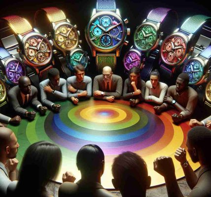 A high-definition, realistic image showcasing a collection of wristwatches adorned with various hues of the rainbow. Each watch casts a radiating glow of different colors. Around these watches, visualize an atmosphere of controversy, portrayed by tense faces and agitated hands. Ensure all people in this scene come from a wide range of descents including: Hispanic, Asian, Caucasian, Black, and Middle-Eastern. Gender should also range evenly from male to female. Symbols and signs of controversy can be scattered in the background.