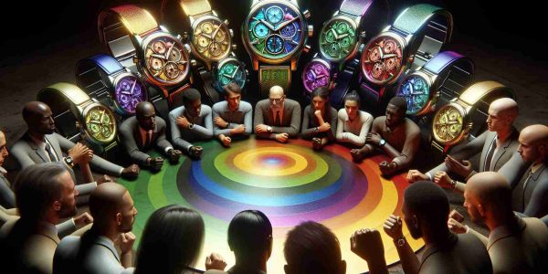 A high-definition, realistic image showcasing a collection of wristwatches adorned with various hues of the rainbow. Each watch casts a radiating glow of different colors. Around these watches, visualize an atmosphere of controversy, portrayed by tense faces and agitated hands. Ensure all people in this scene come from a wide range of descents including: Hispanic, Asian, Caucasian, Black, and Middle-Eastern. Gender should also range evenly from male to female. Symbols and signs of controversy can be scattered in the background.