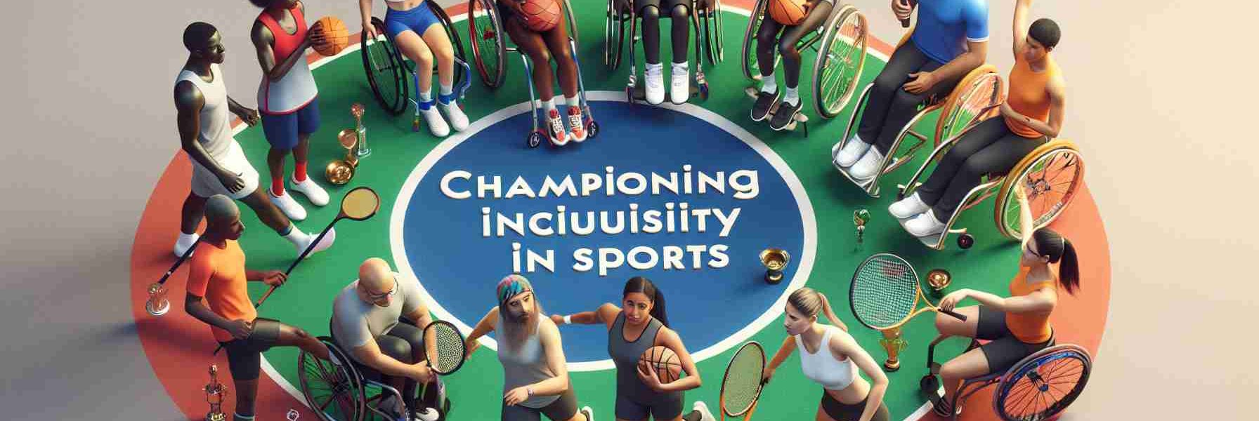 Generate a high-definition, realistic image portraying inclusivity in sports. The scene should feature a diverse group of athletes from different sports such as basketball, soccer, and tennis. Included should be an African female sprinter, a Caucasian male wheelchair basketball player, a Hispanic female soccer player, a Middle-Eastern male tennis player, and a South Asian female gymnast. All athletes should be in a circle, each with their respective sports equipment, with a banner above them reading 'Championing Inclusivity in Sports'.