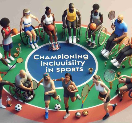 Generate a high-definition, realistic image portraying inclusivity in sports. The scene should feature a diverse group of athletes from different sports such as basketball, soccer, and tennis. Included should be an African female sprinter, a Caucasian male wheelchair basketball player, a Hispanic female soccer player, a Middle-Eastern male tennis player, and a South Asian female gymnast. All athletes should be in a circle, each with their respective sports equipment, with a banner above them reading 'Championing Inclusivity in Sports'.