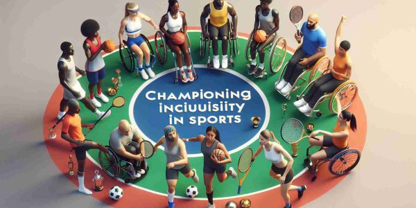 Generate a high-definition, realistic image portraying inclusivity in sports. The scene should feature a diverse group of athletes from different sports such as basketball, soccer, and tennis. Included should be an African female sprinter, a Caucasian male wheelchair basketball player, a Hispanic female soccer player, a Middle-Eastern male tennis player, and a South Asian female gymnast. All athletes should be in a circle, each with their respective sports equipment, with a banner above them reading 'Championing Inclusivity in Sports'.