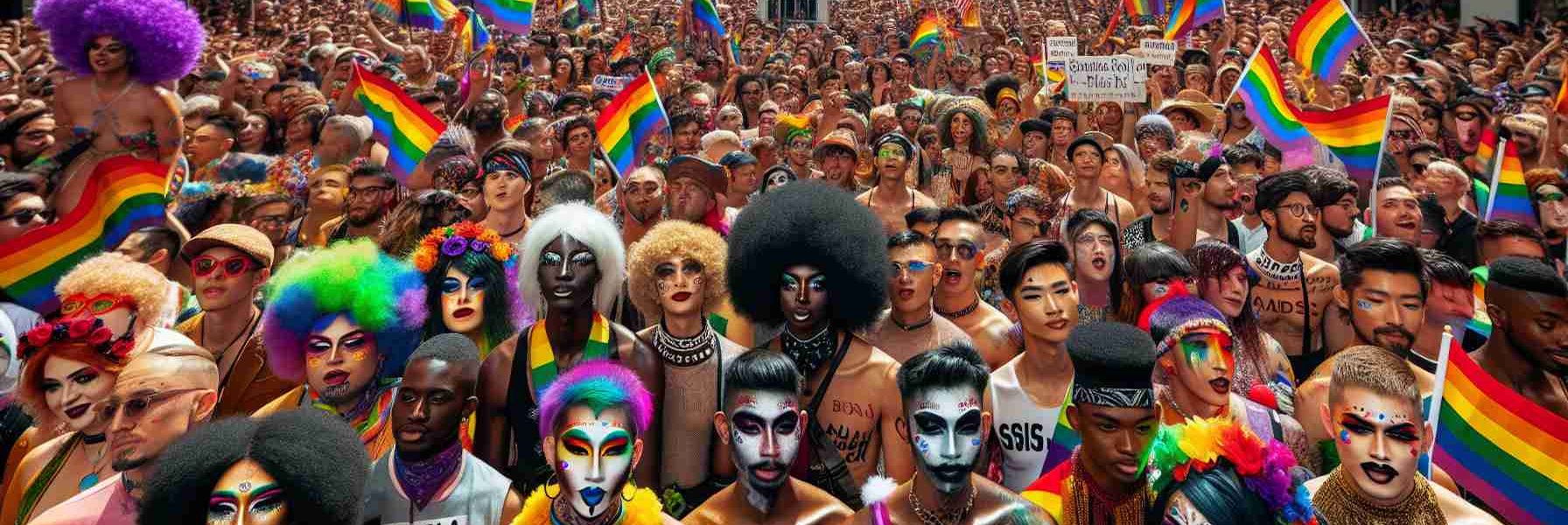 High definition image that depicts a Queervallis Pride Pageant celebrating diversity and creativity. The image shows crowds of people of various descents including Black, Caucasian, Hispanic, South Asian, and Middle-Eastern. The individuals are sporting colorful costumes designating unique styles and identities, their faces painted with the colors of the rainbow. The environment is festive with banners and decorations. Infuse the scene with an atmosphere of joy and solidarity, symbolizing the positivity and unity of the event.