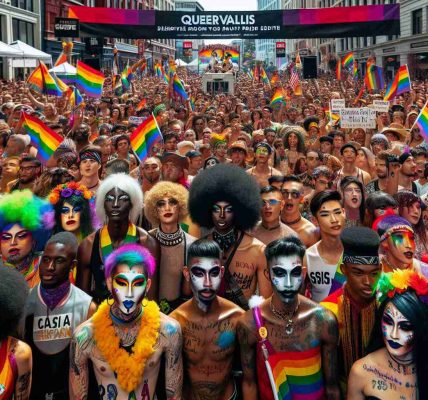 High definition image that depicts a Queervallis Pride Pageant celebrating diversity and creativity. The image shows crowds of people of various descents including Black, Caucasian, Hispanic, South Asian, and Middle-Eastern. The individuals are sporting colorful costumes designating unique styles and identities, their faces painted with the colors of the rainbow. The environment is festive with banners and decorations. Infuse the scene with an atmosphere of joy and solidarity, symbolizing the positivity and unity of the event.