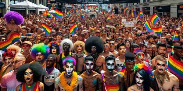 High definition image that depicts a Queervallis Pride Pageant celebrating diversity and creativity. The image shows crowds of people of various descents including Black, Caucasian, Hispanic, South Asian, and Middle-Eastern. The individuals are sporting colorful costumes designating unique styles and identities, their faces painted with the colors of the rainbow. The environment is festive with banners and decorations. Infuse the scene with an atmosphere of joy and solidarity, symbolizing the positivity and unity of the event.