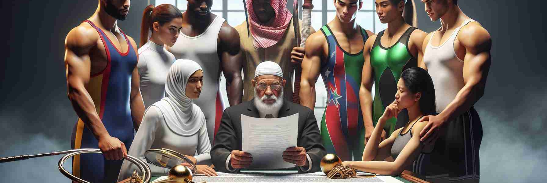 High definition, realistic image of a symbolic visual representation, depicting a significant turning point in the world of sports. The scene includes diverse athletes – a Hispanic male weightlifter, a Middle-Eastern female fencer, a black male swimmer, Asian female gymnast, and a Caucasian female basketball player. They are gathered around a table, studying a large document titled 'New Legislation for Inclusive Participation in Sports'. The expressions on their faces reflect a sense of determination and hope, signifying an important step towards increased inclusivity in sports.