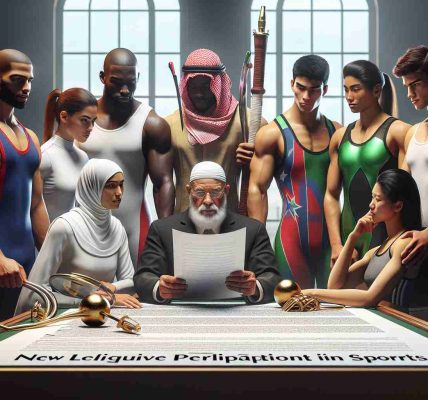 High definition, realistic image of a symbolic visual representation, depicting a significant turning point in the world of sports. The scene includes diverse athletes – a Hispanic male weightlifter, a Middle-Eastern female fencer, a black male swimmer, Asian female gymnast, and a Caucasian female basketball player. They are gathered around a table, studying a large document titled 'New Legislation for Inclusive Participation in Sports'. The expressions on their faces reflect a sense of determination and hope, signifying an important step towards increased inclusivity in sports.