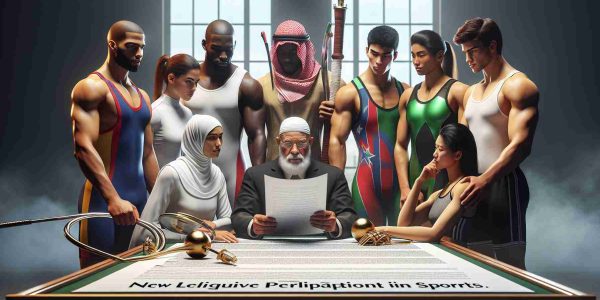 High definition, realistic image of a symbolic visual representation, depicting a significant turning point in the world of sports. The scene includes diverse athletes – a Hispanic male weightlifter, a Middle-Eastern female fencer, a black male swimmer, Asian female gymnast, and a Caucasian female basketball player. They are gathered around a table, studying a large document titled 'New Legislation for Inclusive Participation in Sports'. The expressions on their faces reflect a sense of determination and hope, signifying an important step towards increased inclusivity in sports.