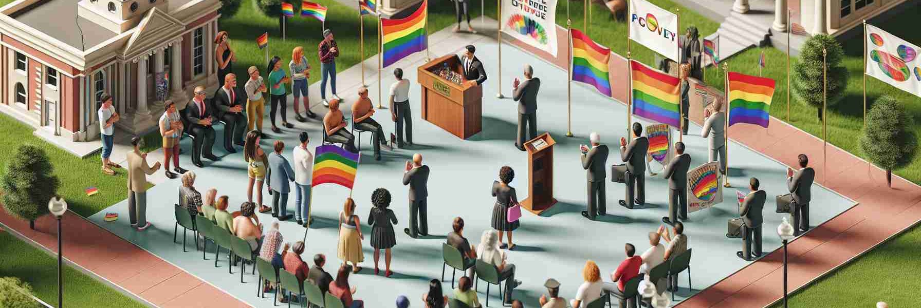 A high-definition image depicting advocacy for LGBTQIA+ rights in a county setting. The scene should include a variety of people, each from different descent making speeches, waving rainbow flags, and wearing pins in support of the cause. There could be banners with supportive messages while folks are peacefully gathering to show their unity. The location should not be urban but rather a typical county setting with governmental buildings and open spaces.