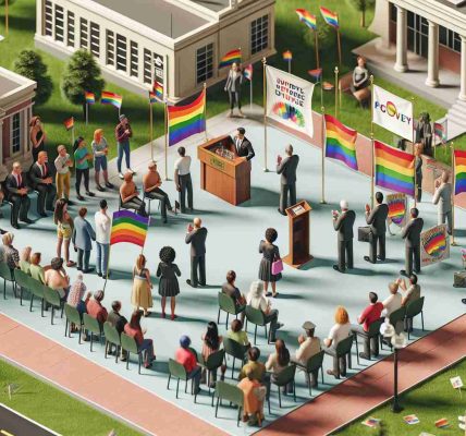 A high-definition image depicting advocacy for LGBTQIA+ rights in a county setting. The scene should include a variety of people, each from different descent making speeches, waving rainbow flags, and wearing pins in support of the cause. There could be banners with supportive messages while folks are peacefully gathering to show their unity. The location should not be urban but rather a typical county setting with governmental buildings and open spaces.