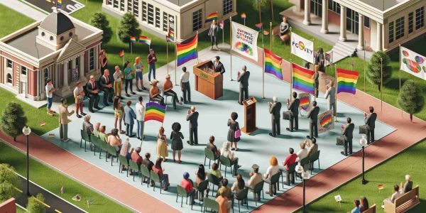 A high-definition image depicting advocacy for LGBTQIA+ rights in a county setting. The scene should include a variety of people, each from different descent making speeches, waving rainbow flags, and wearing pins in support of the cause. There could be banners with supportive messages while folks are peacefully gathering to show their unity. The location should not be urban but rather a typical county setting with governmental buildings and open spaces.