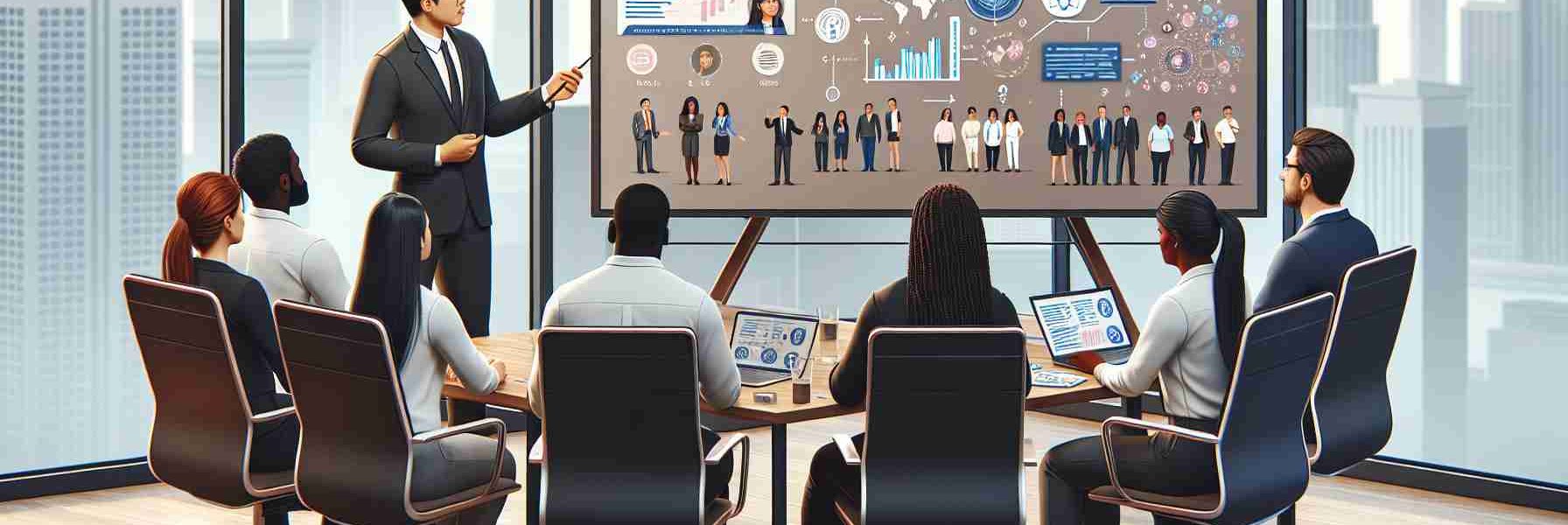 Produce a high definition, realistic illustration that represents the concept of advocating for inclusive technology solutions. Show a professional meeting room where an Asian male engineer is giving a presentation to a diverse group of colleagues. There should be diagrams and charts about inclusive tech solutions on a presentation board. The attendees should include a Black female coder, a Hispanic female executive, a Caucasian male developer and a Middle-Eastern female project manager, all engaged in the presentation and thoughtful discussion. The entire environment should convey a sense of collaboration, unity and inclusivity.