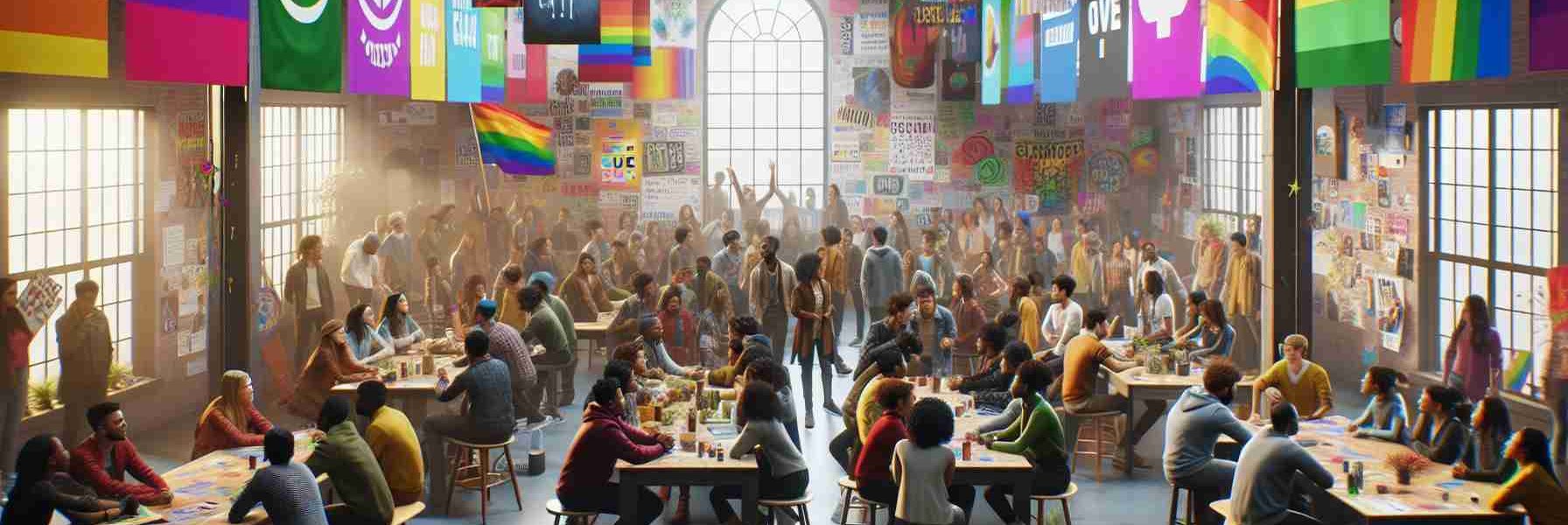 A high-definition, realistic photo of an empowering scene at a youth organization. The setting is a large room filled with vibrant and motivational posters and flyers on the walls. The room is bustling and vibrant, alive with youthful energy and optimism. Minority youths of various descents such as Middle-Eastern, Caucasian, South Asian, Hispanic, and Black are involved in different activities - brainstorming, discussing, and planning. The emphasis is on leadership roles, with a group at the center engaged in a heated discussion, displaying an array of colorful rainbow banners and symbols, suggesting their involvement in the promotion of LGBTQ rights.