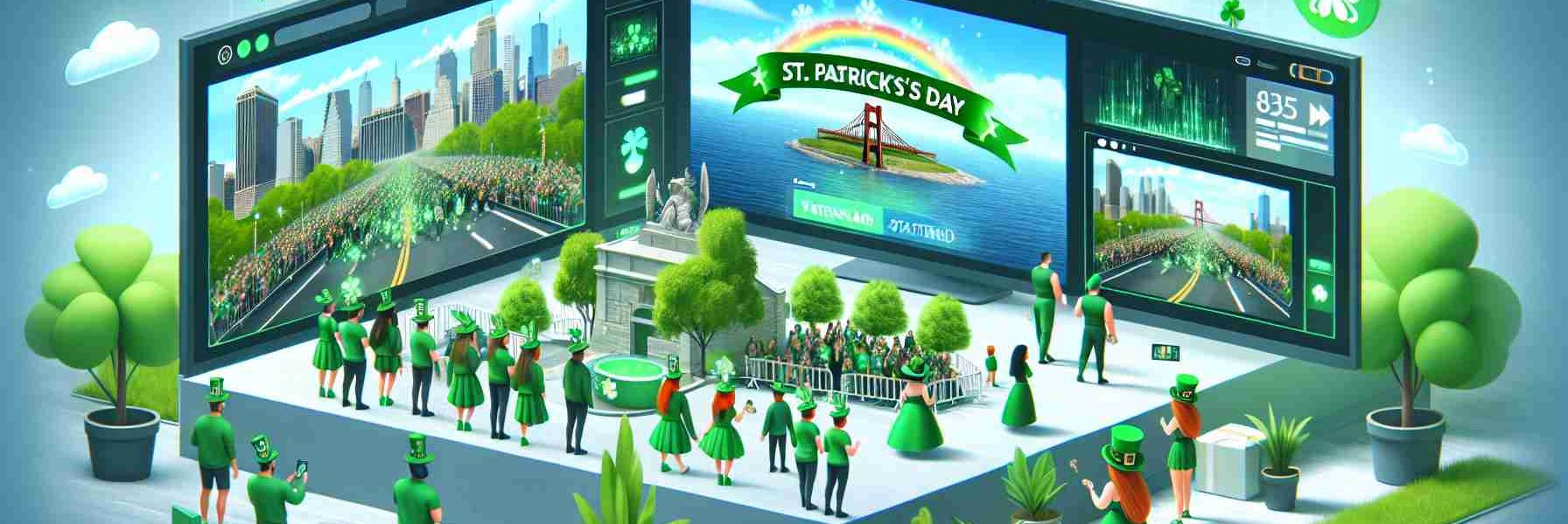 Create a realistic, high-definition image depicting the scene of Staten Island's first-ever virtual St. Patrick's Day Parade celebration. The scene should include images of screens displaying festive parades, individuals dressed up in green, and digital elements symbolic of St. Patrick's Day. Additionally, there could be images of people celebrating from home, possibly watching the virtual parade on their television or computer screens.