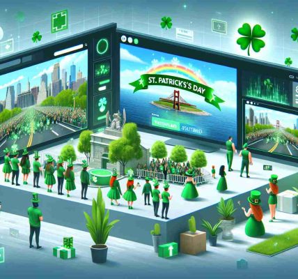 Create a realistic, high-definition image depicting the scene of Staten Island's first-ever virtual St. Patrick's Day Parade celebration. The scene should include images of screens displaying festive parades, individuals dressed up in green, and digital elements symbolic of St. Patrick's Day. Additionally, there could be images of people celebrating from home, possibly watching the virtual parade on their television or computer screens.